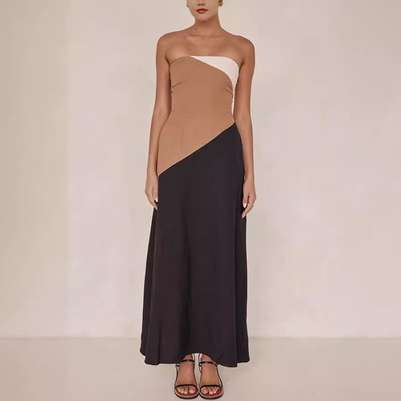 Ärmelloses, schulterfreies, figurbetontes Farbblockkleid für Damen