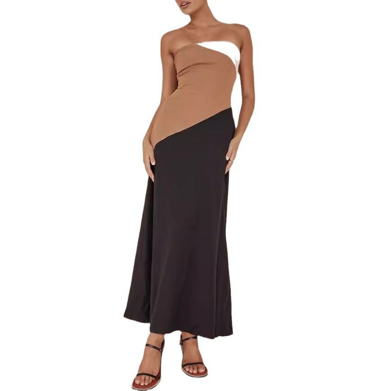 Ärmelloses, schulterfreies, figurbetontes Farbblockkleid für Damen