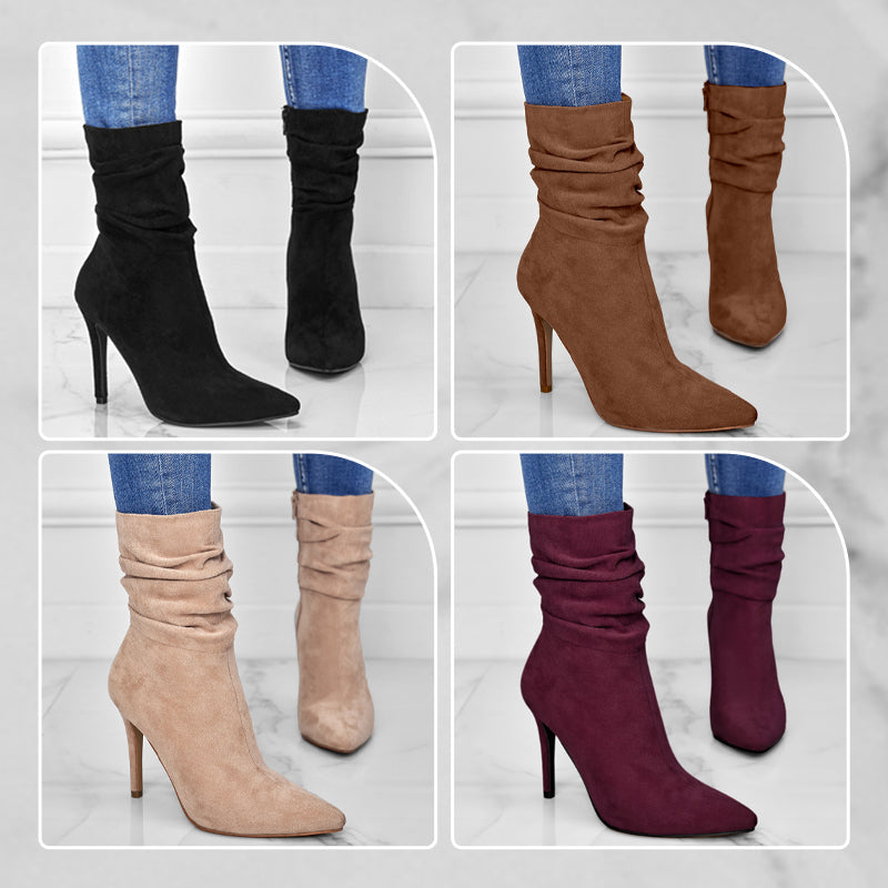 Kurze Damenstiefel mit hohem Absatz und spitzer Zehe