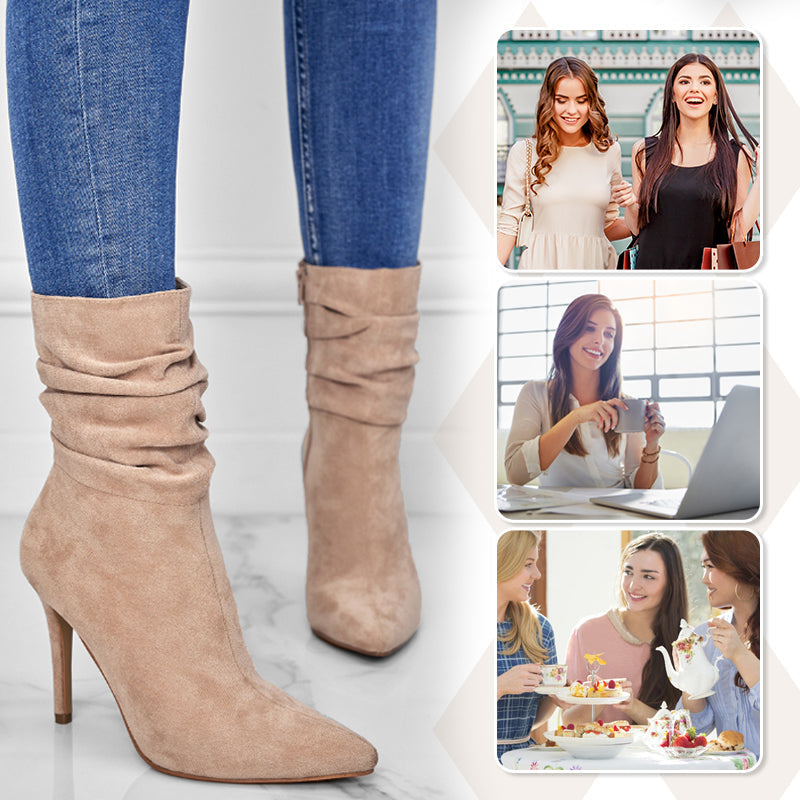 Kurze Damenstiefel mit hohem Absatz und spitzer Zehe