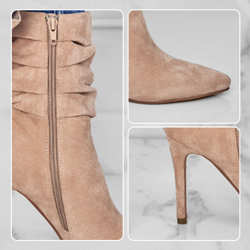 Kurze Damenstiefel mit hohem Absatz und spitzer Zehe
