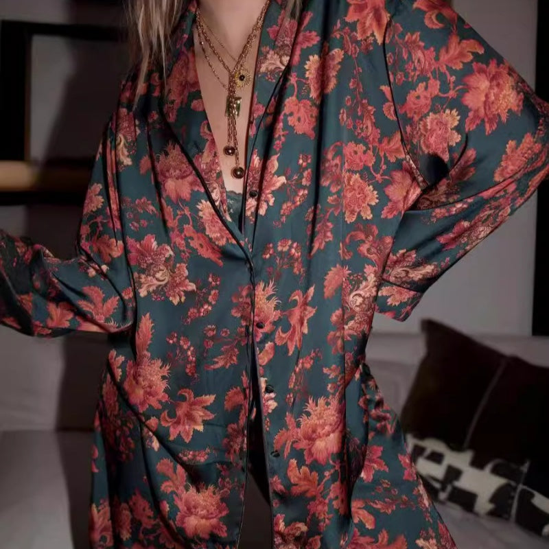 Frauen Floral Bedrucktes Langarm Pyjama Oberteil & Hose Zwei-Teile-Set