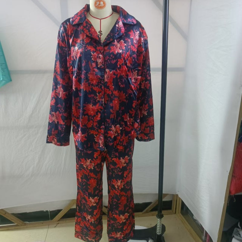 Frauen Floral Bedrucktes Langarm Pyjama Oberteil & Hose Zwei-Teile-Set