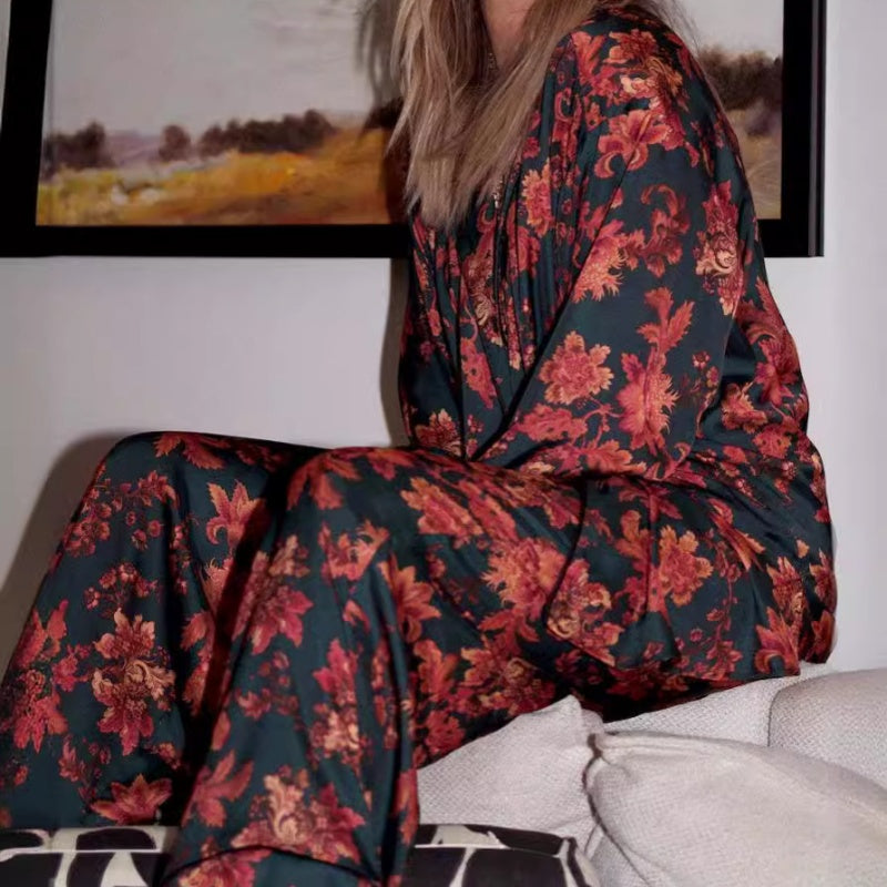 Frauen Floral Bedrucktes Langarm Pyjama Oberteil & Hose Zwei-Teile-Set