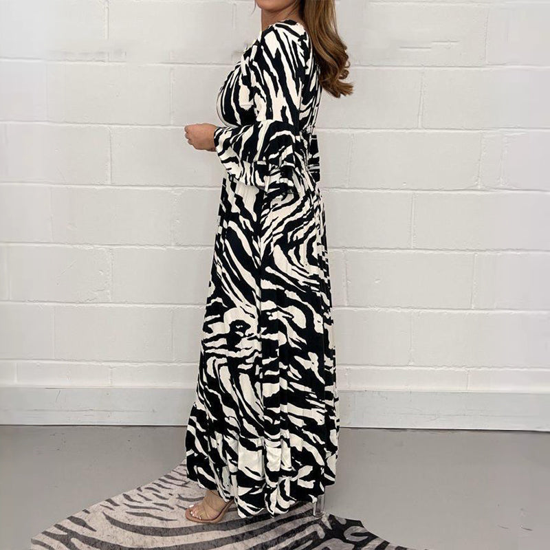 V-Ausschnitt Zebra Streifen Taille 3/4 Ärmel Kleid