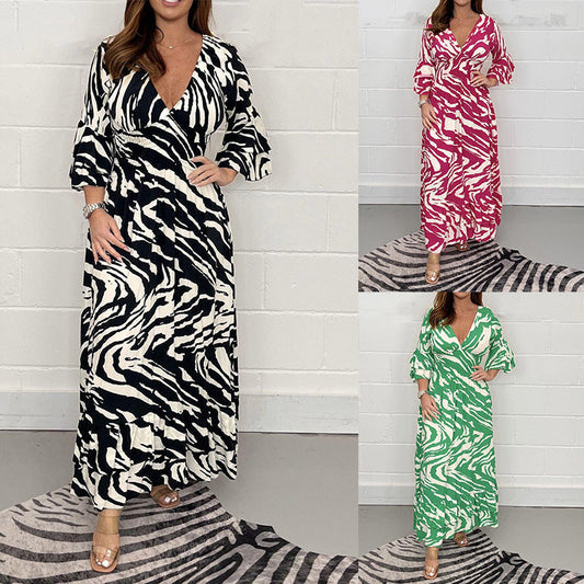 V-Ausschnitt Zebra Streifen Taille 3/4 Ärmel Kleid