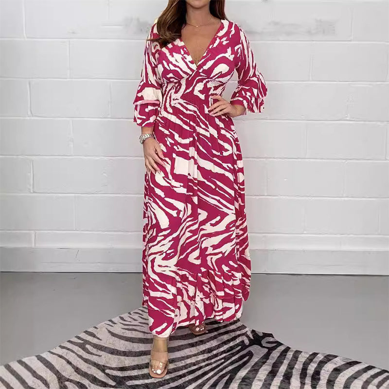 V-Ausschnitt Zebra Streifen Taille 3/4 Ärmel Kleid