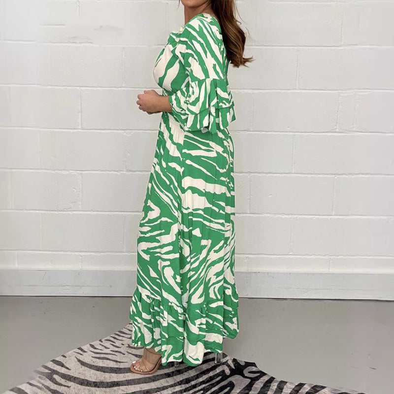 V-Ausschnitt Zebra Streifen Taille 3/4 Ärmel Kleid