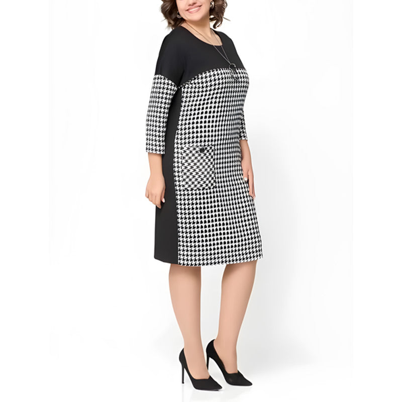 Damenkleid mit langen Ärmeln und Hahnentritt-Patchwork