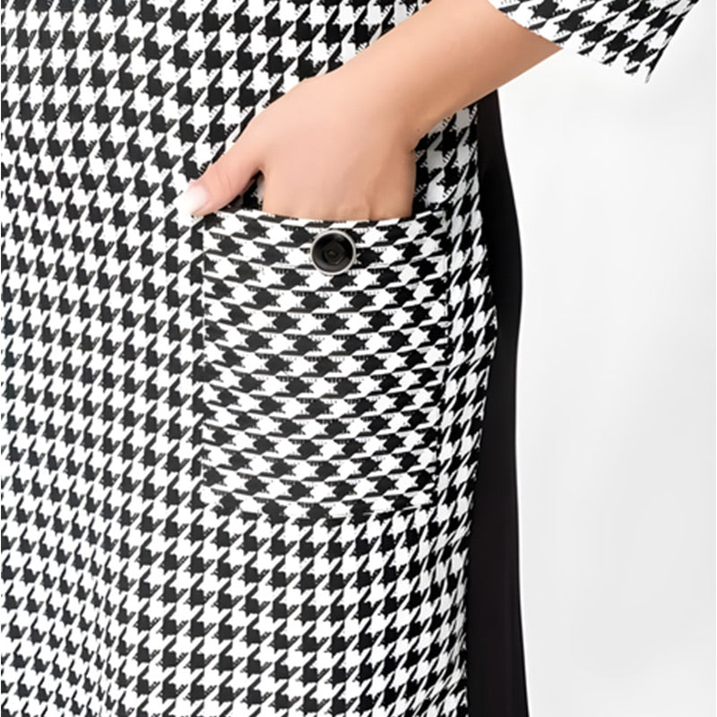 Damenkleid mit langen Ärmeln und Hahnentritt-Patchwork