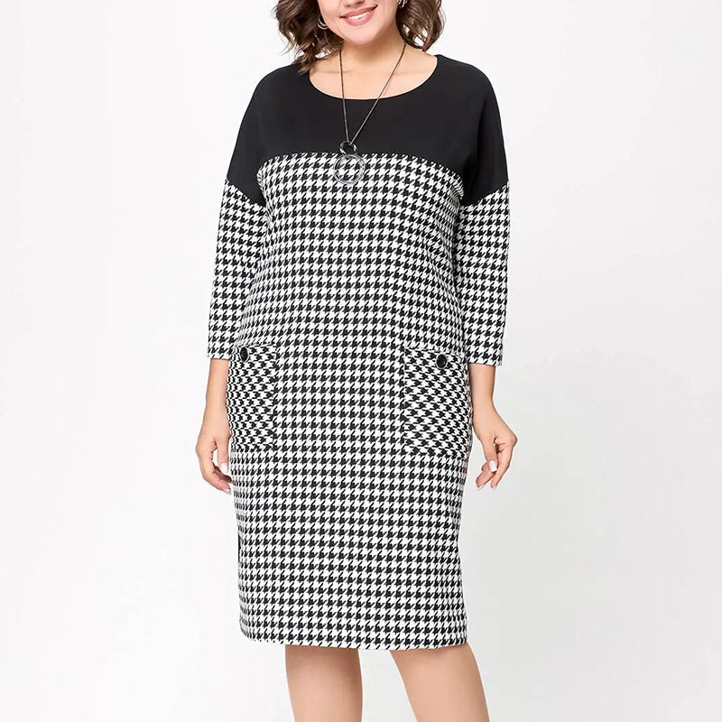 Damenkleid mit langen Ärmeln und Hahnentritt-Patchwork