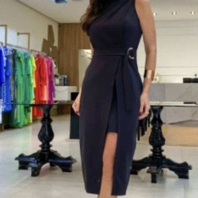 Ärmelloses Damen-Krawattenkleid mit hohem Halsausschnitt und geteiltem Midikleid