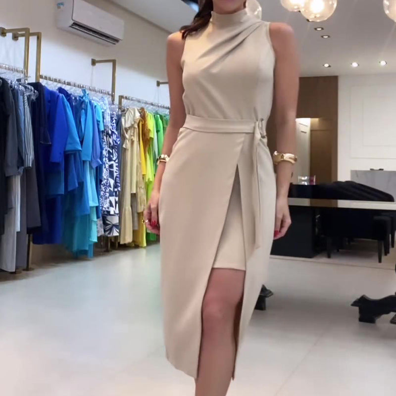 Ärmelloses Damen-Krawattenkleid mit hohem Halsausschnitt und geteiltem Midikleid