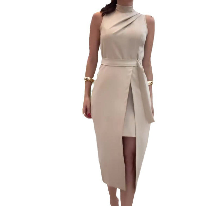 Ärmelloses Damen-Krawattenkleid mit hohem Halsausschnitt und geteiltem Midikleid