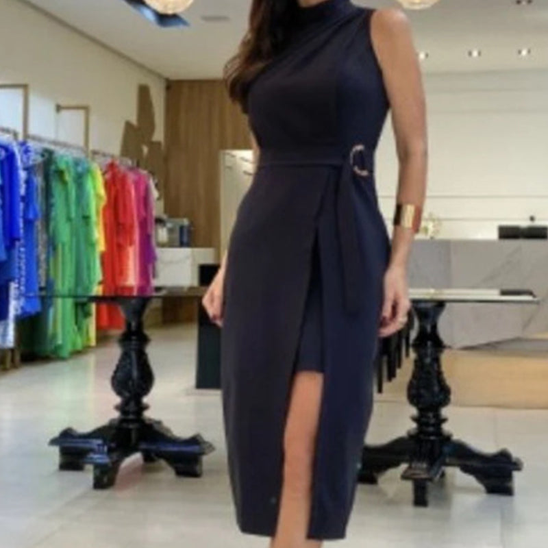 Ärmelloses Damen-Krawattenkleid mit hohem Halsausschnitt und geteiltem Midikleid
