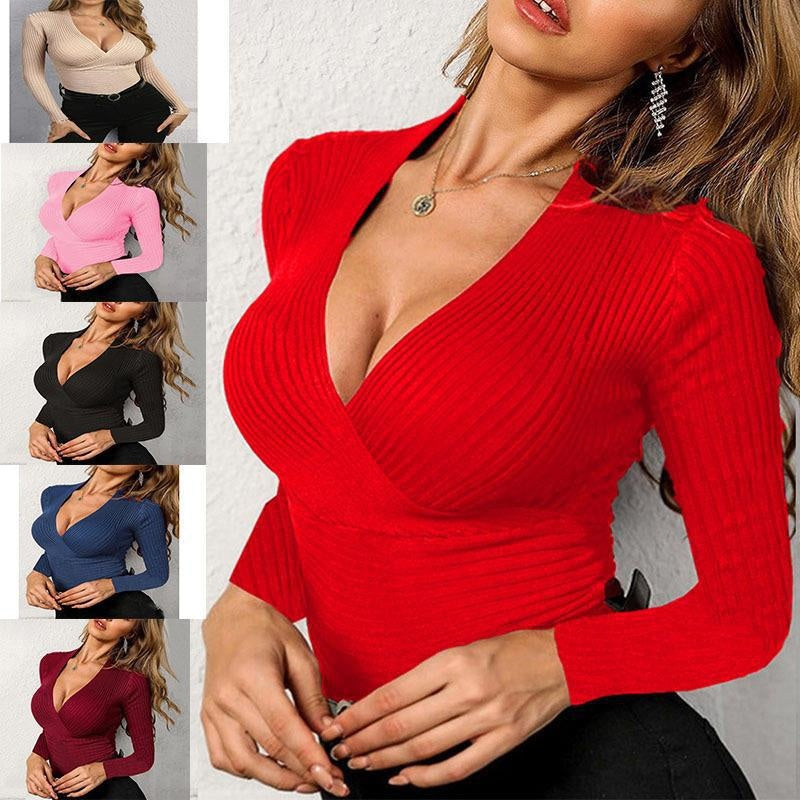 Sexy gestricktes V-Ausschnitt Langarmshirt