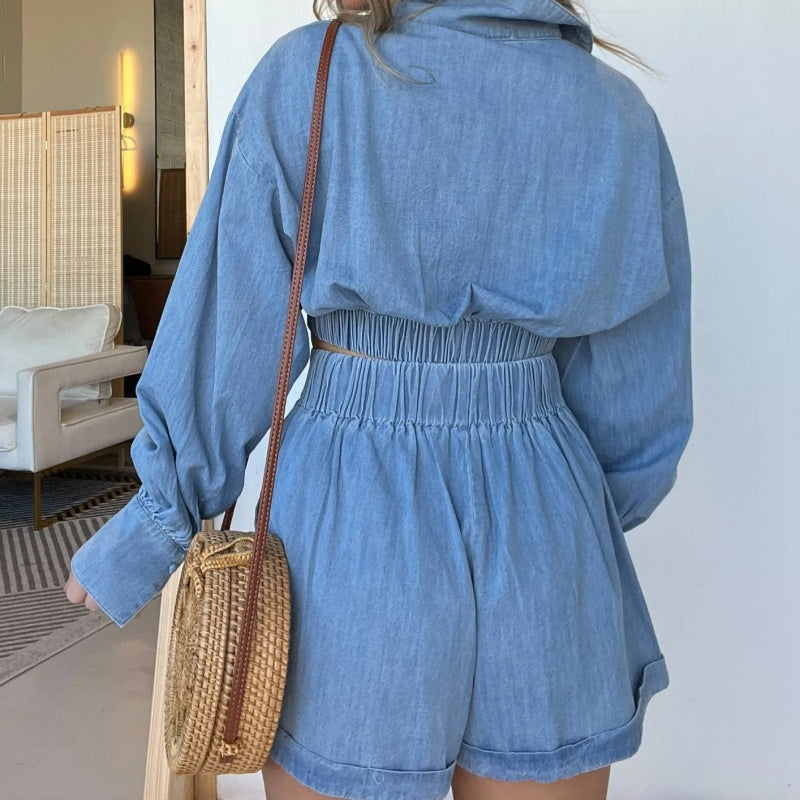 Sexy Zweiteiliges Set aus bauchfreiem Jeanstop und Shorts für Damen