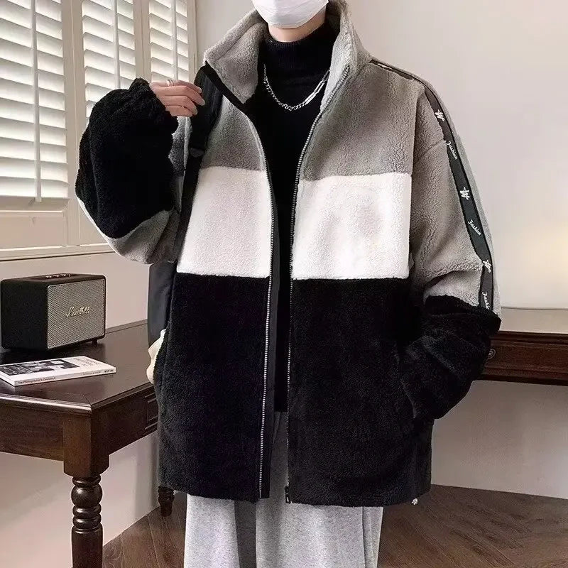 Neu Kontrast Farbe Plüsch Warme Jacke