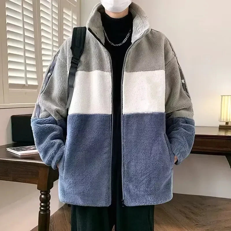 Neu Kontrast Farbe Plüsch Warme Jacke