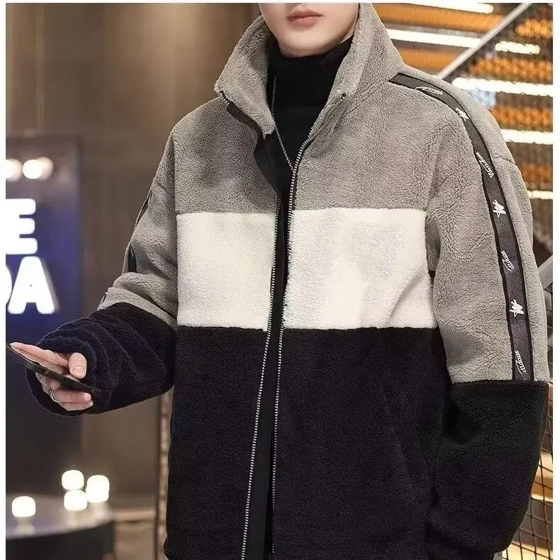 Neu Kontrast Farbe Plüsch Warme Jacke
