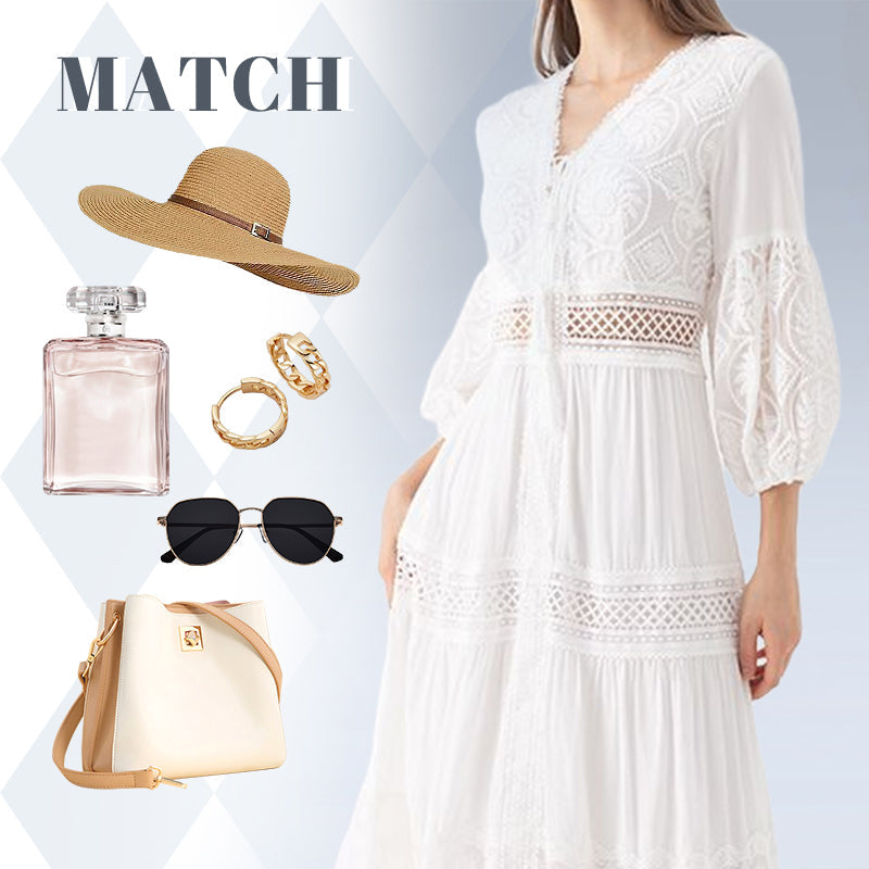 Weißes Boho-Midikleid mit V-Ausschnitt