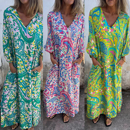 Bohemian Maxikleid mit V-Ausschnitt und abstraktem Print für Damen