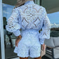 Lässiges, elegantes 2-teiliges Spitzen-Set für Damen mit Button-Down-Shirt und Shorts