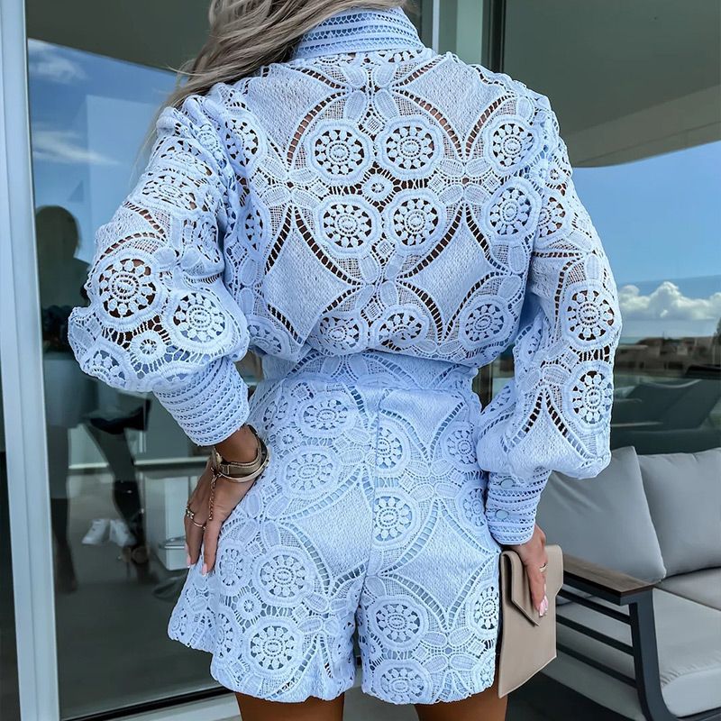 Lässiges, elegantes 2-teiliges Spitzen-Set für Damen mit Button-Down-Shirt und Shorts