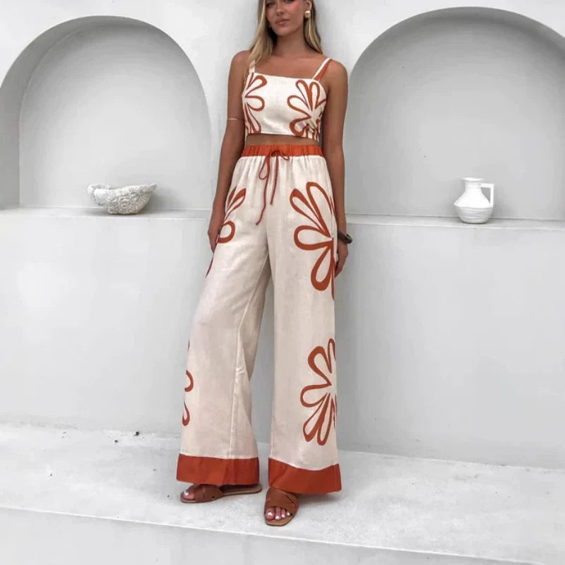 Bedrucktes Set aus ärmellosem Oberteil und Hose mit weitem Bein