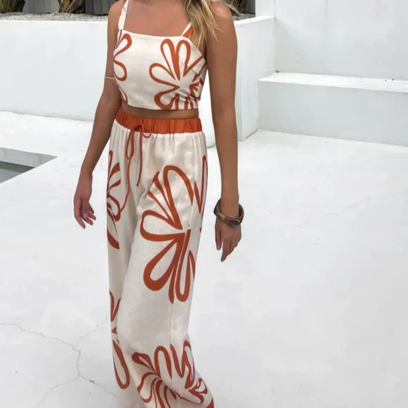 Bedrucktes Set aus ärmellosem Oberteil und Hose mit weitem Bein