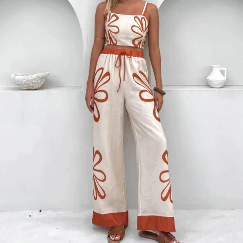 Bedrucktes Set aus ärmellosem Oberteil und Hose mit weitem Bein