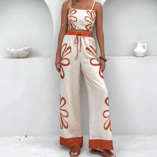 Bedrucktes Set aus ärmellosem Oberteil und Hose mit weitem Bein