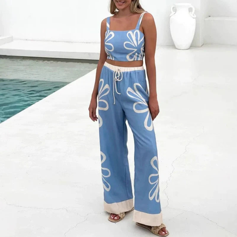 Bedrucktes Set aus ärmellosem Oberteil und Hose mit weitem Bein