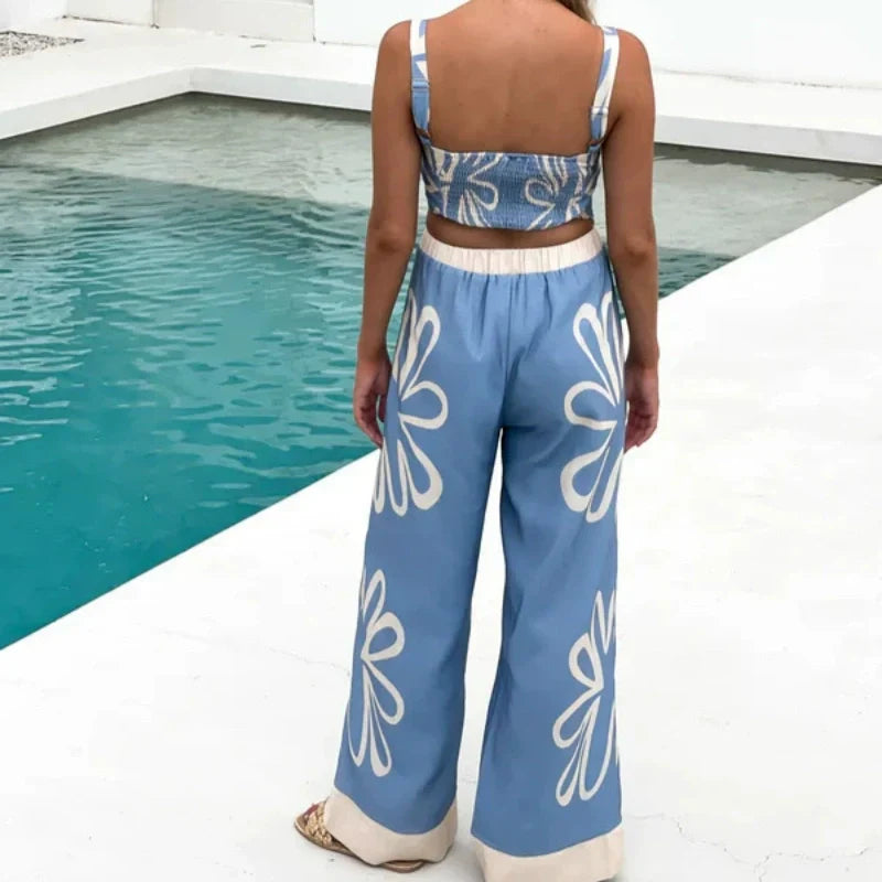 Bedrucktes Set aus ärmellosem Oberteil und Hose mit weitem Bein