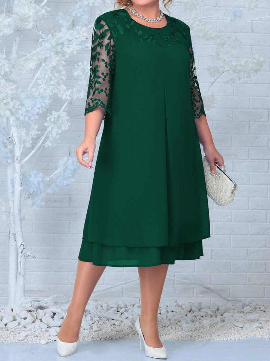 Damenkleid aus besticktem Chiffon mit Rundhalsausschnitt
