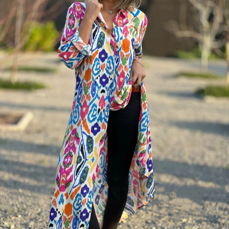 💕Langärmeliges Kleid mit Revers und Blumendruck für Frauen
