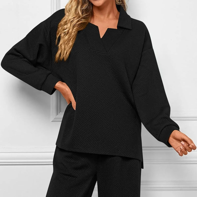 💕2-teiliges Lounge-Set mit V-Ausschnitt und Taschen für Damen