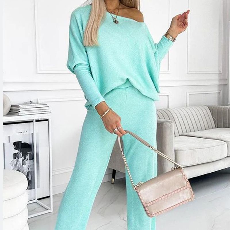 ✨Set aus einfarbigem Pullover mit überschnittenen Schultern und lockerer Hose für Damen