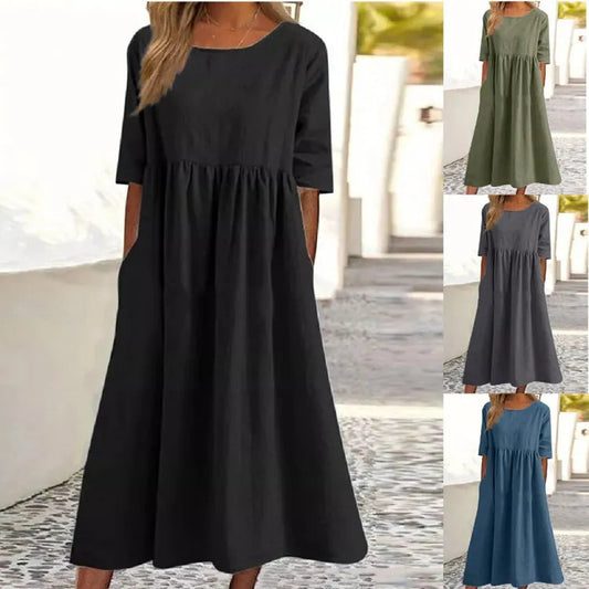 💝HEIßER VERKAUF💝Smocked Casual Cotton Kleid mit runden Necktasche für Frauen