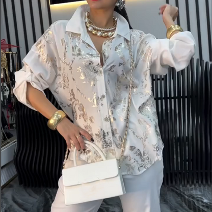 Bedrucktes Langarm-Button-Down-T-Shirt für Damen