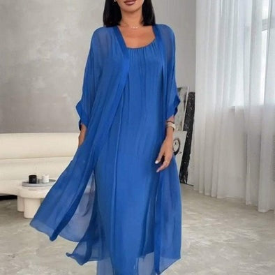 👗✨2-teiliges Set aus fließendem Kleid und Strickjacke