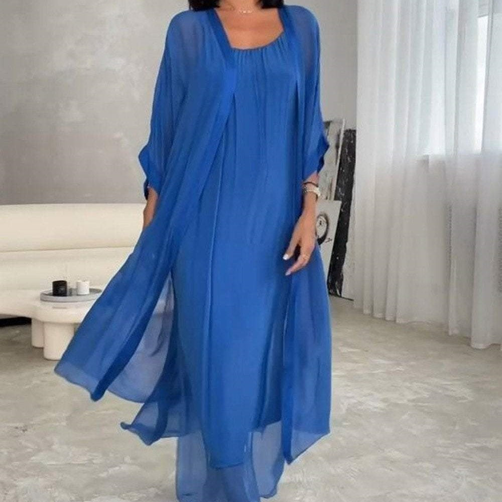 👗✨2-teiliges Set aus fließendem Kleid und Strickjacke