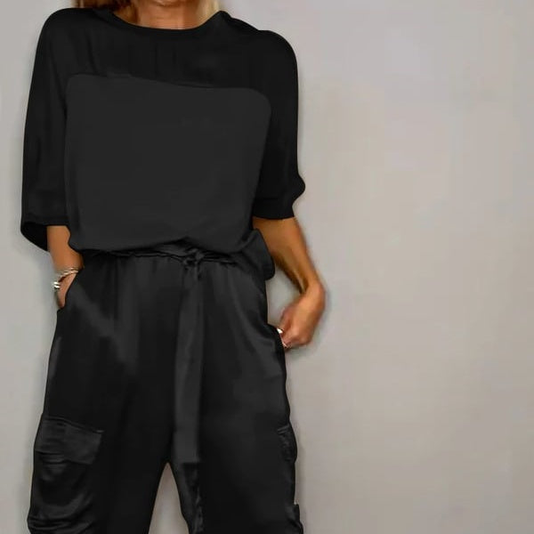 🔥Heißer Verkauf - 49 % Rabatt🔥Zweiteiliges Set aus Rundhalsoberteil und Hose für Damen