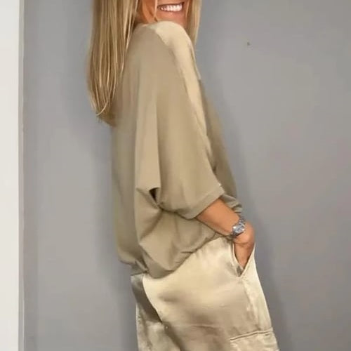🔥Heißer Verkauf - 49 % Rabatt🔥Zweiteiliges Set aus Rundhalsoberteil und Hose für Damen