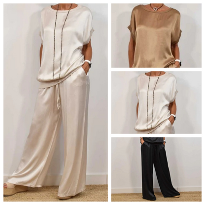 🌟2-teiliges Set aus kurzärmligem Oberteil und Hose aus Satin für Damen