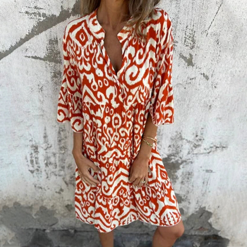 🌸2025 Neues Design🌸V-Ausschnitt gedrucktes Drei-Viertel-Ärmel-Kleid