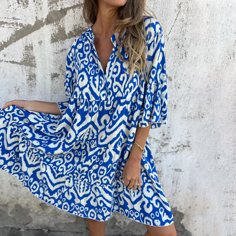 🌸2025 Neues Design🌸V-Ausschnitt gedrucktes Drei-Viertel-Ärmel-Kleid