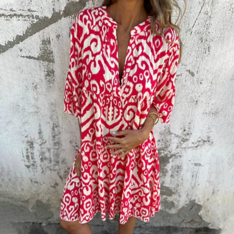 🌸2025 Neues Design🌸V-Ausschnitt gedrucktes Drei-Viertel-Ärmel-Kleid