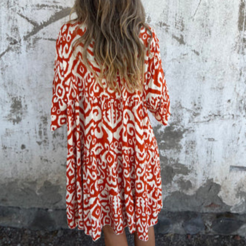🌸2025 Neues Design🌸V-Ausschnitt gedrucktes Drei-Viertel-Ärmel-Kleid