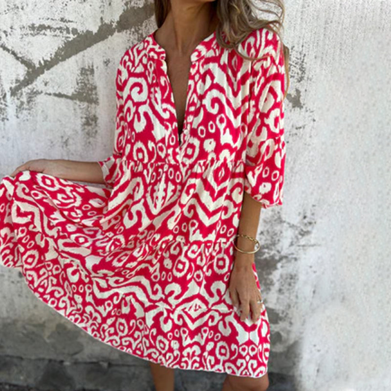 🌸2025 Neues Design🌸V-Ausschnitt gedrucktes Drei-Viertel-Ärmel-Kleid